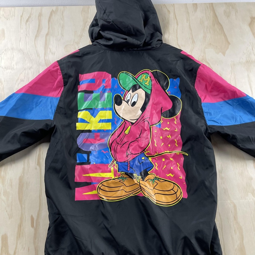Disney Jacket Mens Medium Black Hooded Anorak Mickey‎ Graphic 1/4 Zip Lined